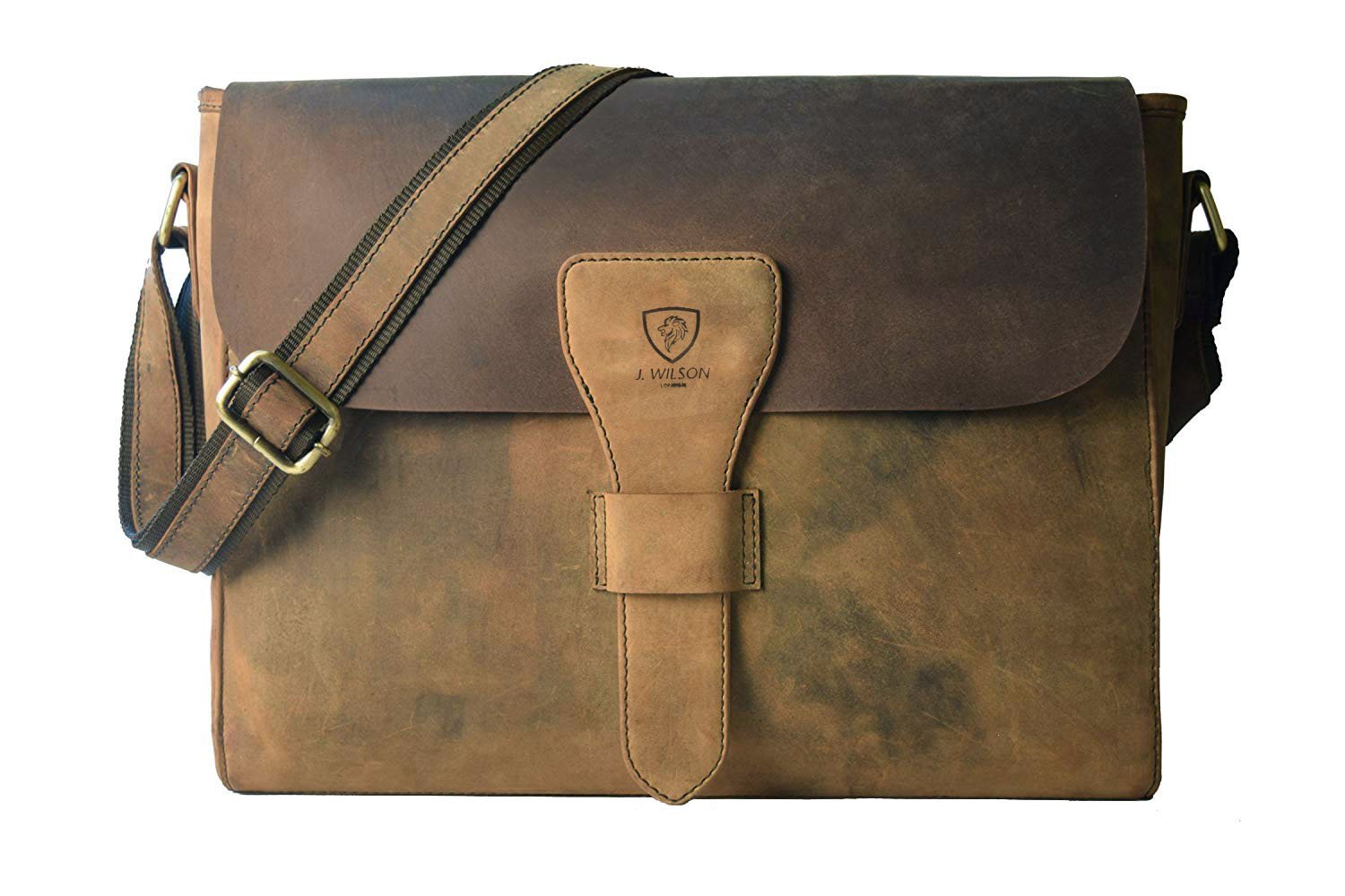 J. Wilson London - Designer Genuine Real Distressed Vintage Hunter Leather 13" Laptop Handmade Unisex Crossover Flapover Everyday Crossover Work iPad Shoulder Messenger Bag