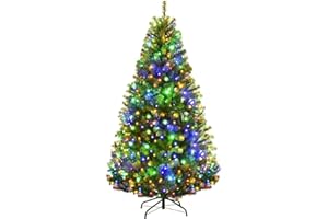 Goplus 5FT Pre-Lit Artificial Christmas Tree, Hinged Spruce Xmas Full Tree with 150 LED Multicolor Lights, 11 Lighting Modes, 600 PVC Branch, Foldable Base, for Indoor Home Office Decoration