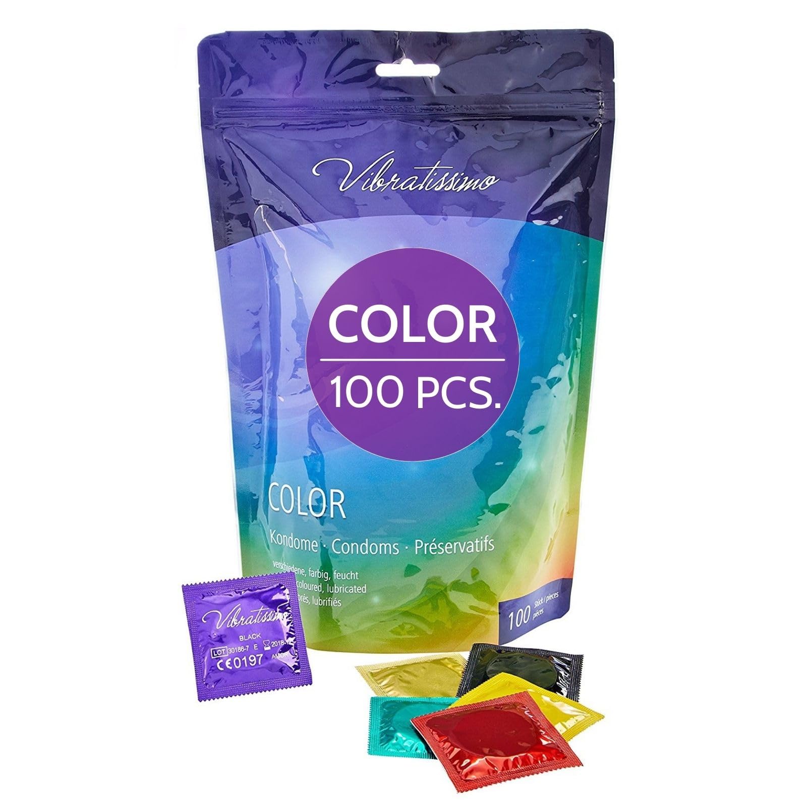 VIBRATISSIMO Colour Condoms 100-Pack I Feel-Real & Extra Lubricated I Kondoms for m´Men I Colourful I Male Contraception I Colourful Pack Including red, Black, Green, Yellow, Gold.
