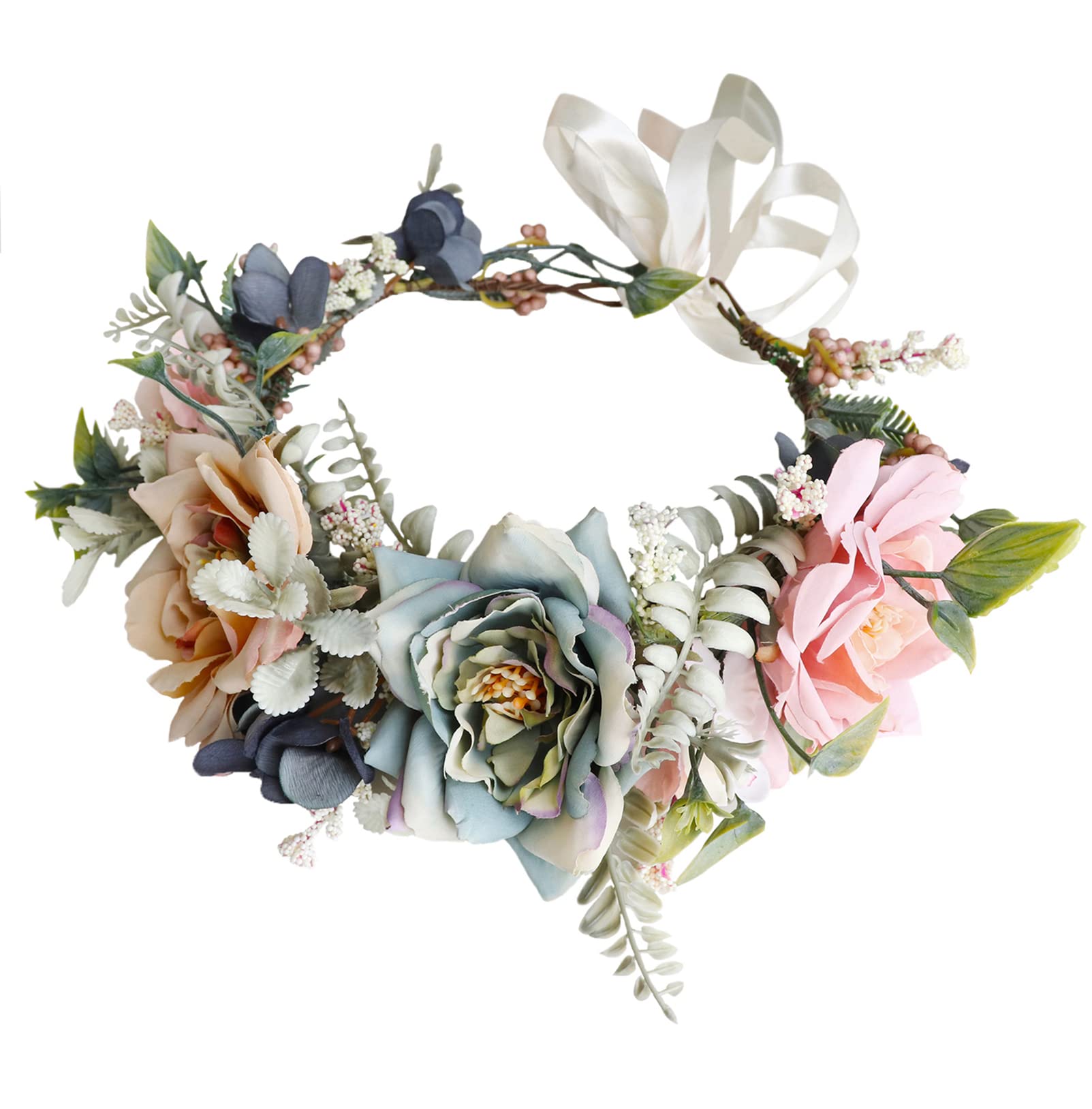 Brikuinr Flower Wreath Crown Floral Garland Headband Hair Wreath Hair Garland Flower Halo Floral Headpiece Boho with Ribbon Wedding Party