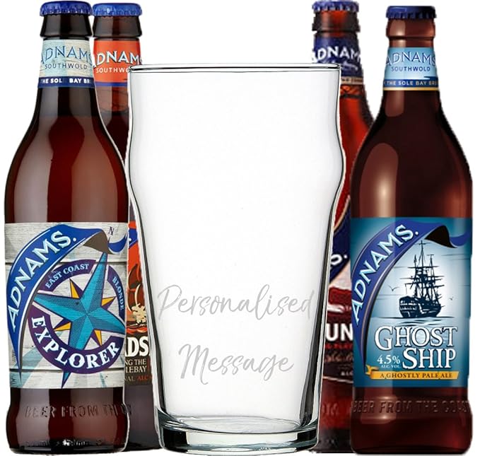 Adnams Mixed Gift Beer Pack with Personalised and Hand Engraved Pint Glass 4 x 500ml Amazon