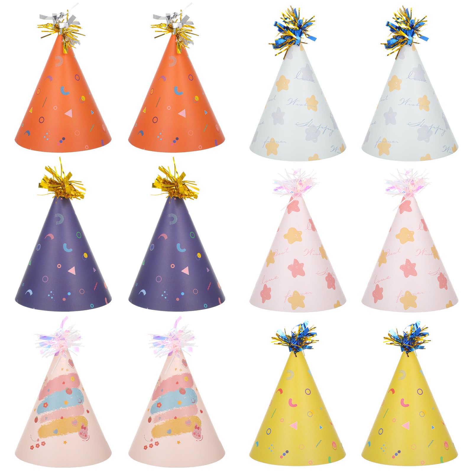 Aeaocvo 12 PCS Birthday Party Hats, Cone Hat with Glitter Pompoms, Cone Paper Hat Adults, Paper Party Headwear for Celebration(B)