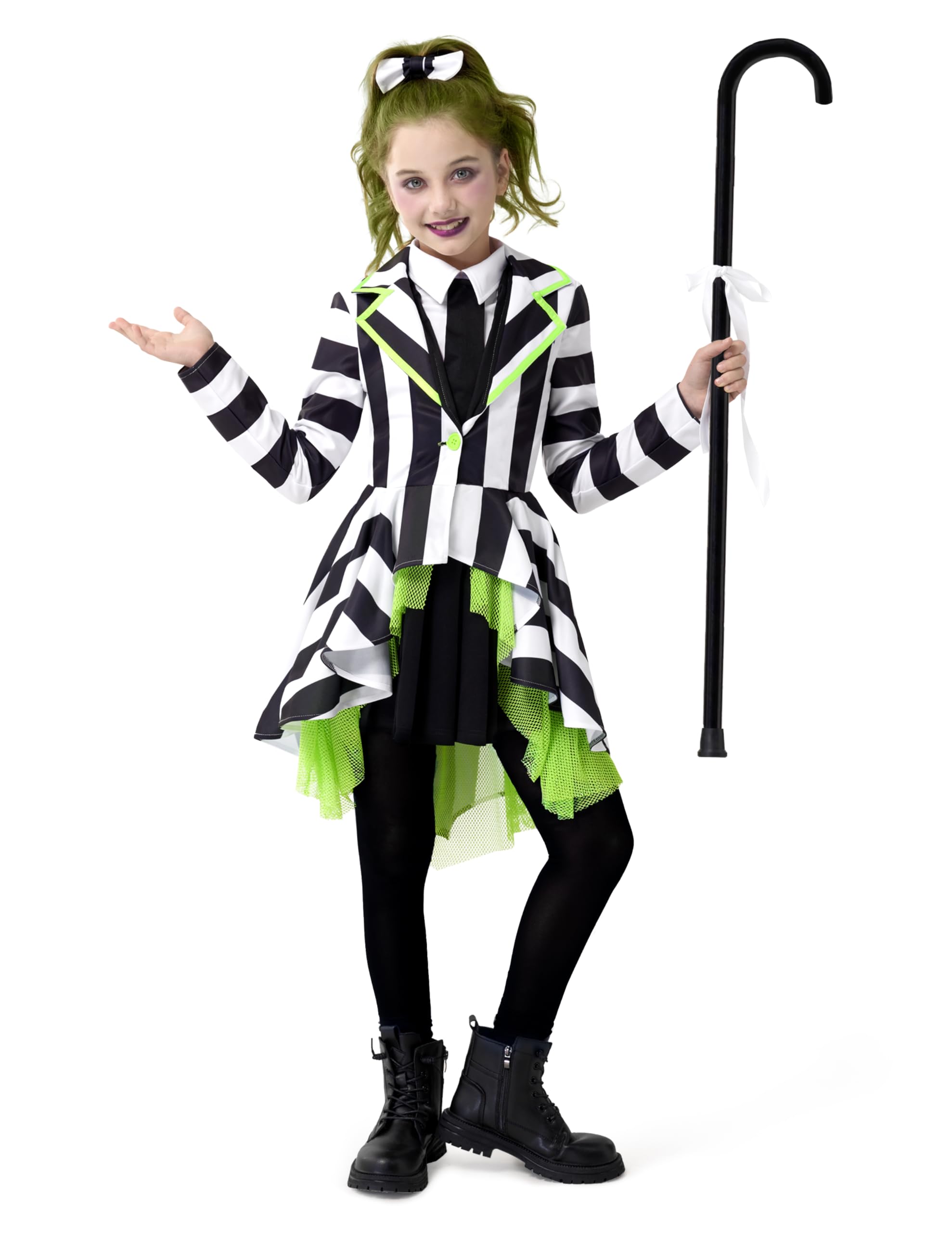 Photo 1 of Spooktacular Creations Halloween Costume for Girls, Horror Black and White Vertical Striped Costume for Kids, Halloween Dress Up, Role Play, Cosplay Party