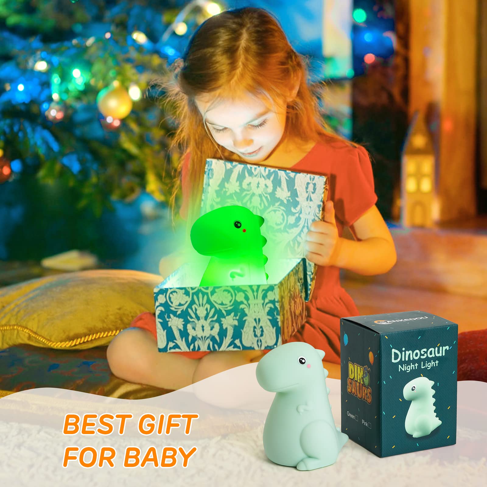 SANKEDOU Dinosaur Night Light for Kids, Touch Sensor Silicone 7 Colors Changing Room Decor Boys Girls, Rechargeable Baby Mood Lamp, Cute Bedside Lamp Gifts (Green), (YZKJ#01)