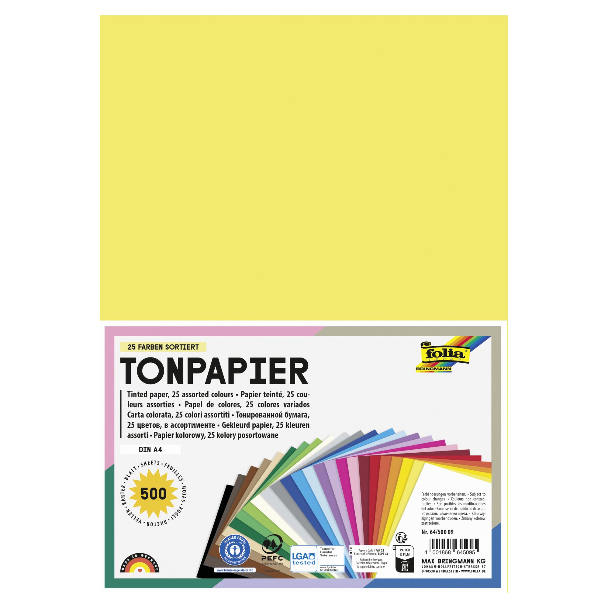 folia 64/500 09 Coloured Paper Mix, DIN A4, 130 g/m², 500 Sheets Assorted in 25 Colours, for Crafts and Creative Design of Cards, Window Pictures and for Scrapbooking