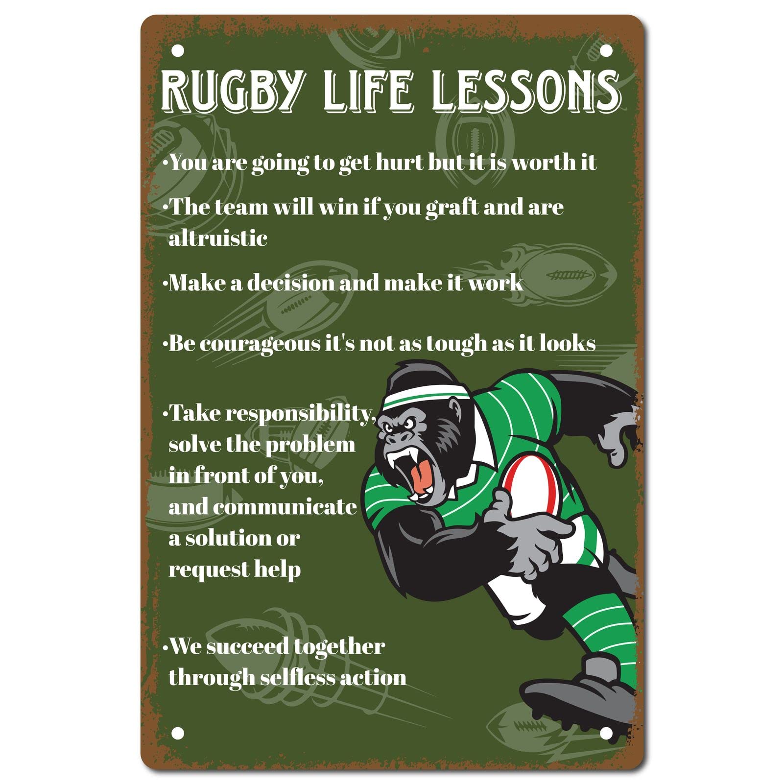 CREATCABIN Rugby Life Lessons Vintage Metal Tin Sign Retro Wall Art Decor House Plaque Poster for Home Bar Pub Garden Kitchen Coffee Garage Decoration 12 x 8 Inch — image 1