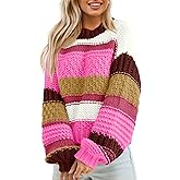 Saodimallsu Womens Color Block Sweater Striped Chunky Knit Cropped Sweaters Crewneck Fall Long Sleeve Loose Pullover Tops