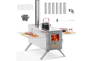 YTAOEO Upgraded Wood Stove, Hot Tent Stove Camping Portable Stainless Steel Wood Burning Stove with 7 Chimney Pipes for Wall Tent Camping, Hunting, Heating, Cooking, Ice Fishing, Boiling Water - Medium