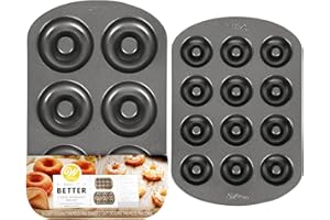 GEEOOLLAH Wilton Donut Pan 2-Piece Set, 6-Cavity Mini, and 12-Cavity Standard Donuts, Scratch Resistant and Nonstick Doughnut Pan with Doughnut Molds, Made of Long Lasting Carbon Steel Construction Heats Evenly