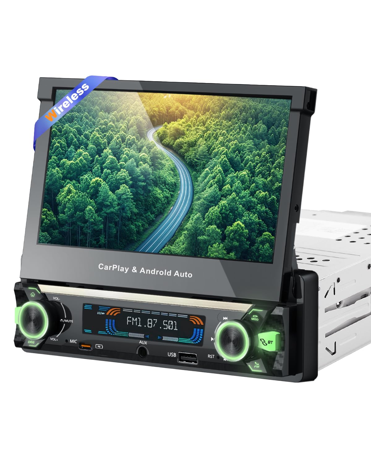 Photo 1 of ?Upgrade?Y-METDRIVING Single Din Motorized Flip Out Touchscreen Car Radio with Wireless Apple Carplay& Android Auto,7 Inch Type-C Fast Charging Car Stereo with Bluetooth5.1/Backup Camera/AUX/FM/AM/DSP