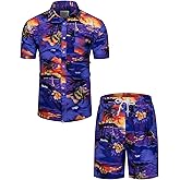TUNEVUSE Mens Hawaiian Short Sleeve Shirt Suits Flower Print Suits Tropical 2PC Sets Button Down Shirts and Shorts Outfit
