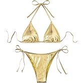 GORGLITTER Women's Metallic Triangle Bikini Top Halter Tie Side Swimsuit Set 2 Piece Bathing Suits