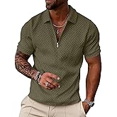 UOUA Men's Zipper Polo Shirts Short Sleeve Sweatshirts Soild Color Tops Striped Texture Casual Golf T