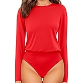 MANGOPOP Women's Body Suits Round Neck Loose Fit Satin Blouse Long Sleeve Bodysuit Tops