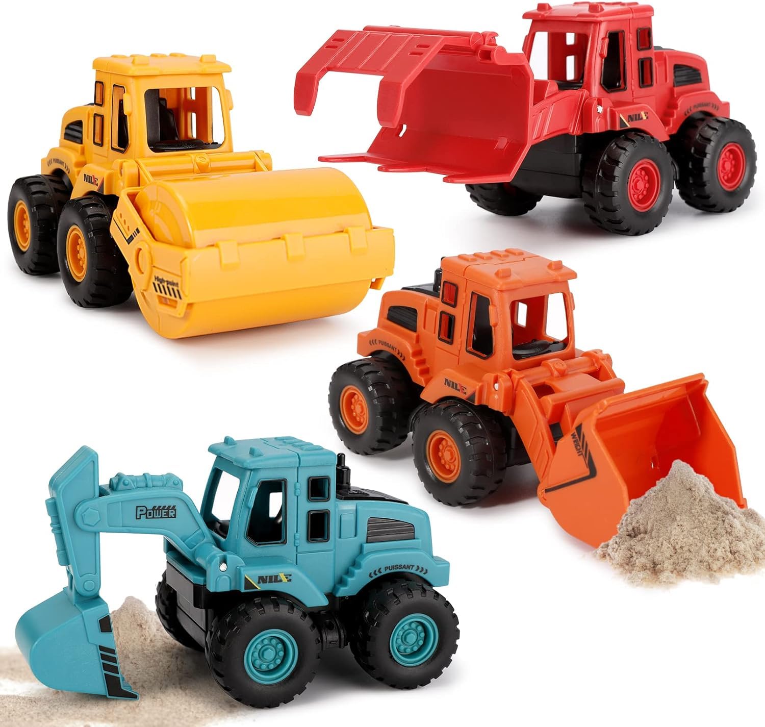 ausurme Construction Toys 4Pcs Set, Friction Powered Truck Toys with Bulldozer, Excavator, Roller, Wood Grabber - Outdoor Toys Gift for 3-8 Year Old Boys and Girls