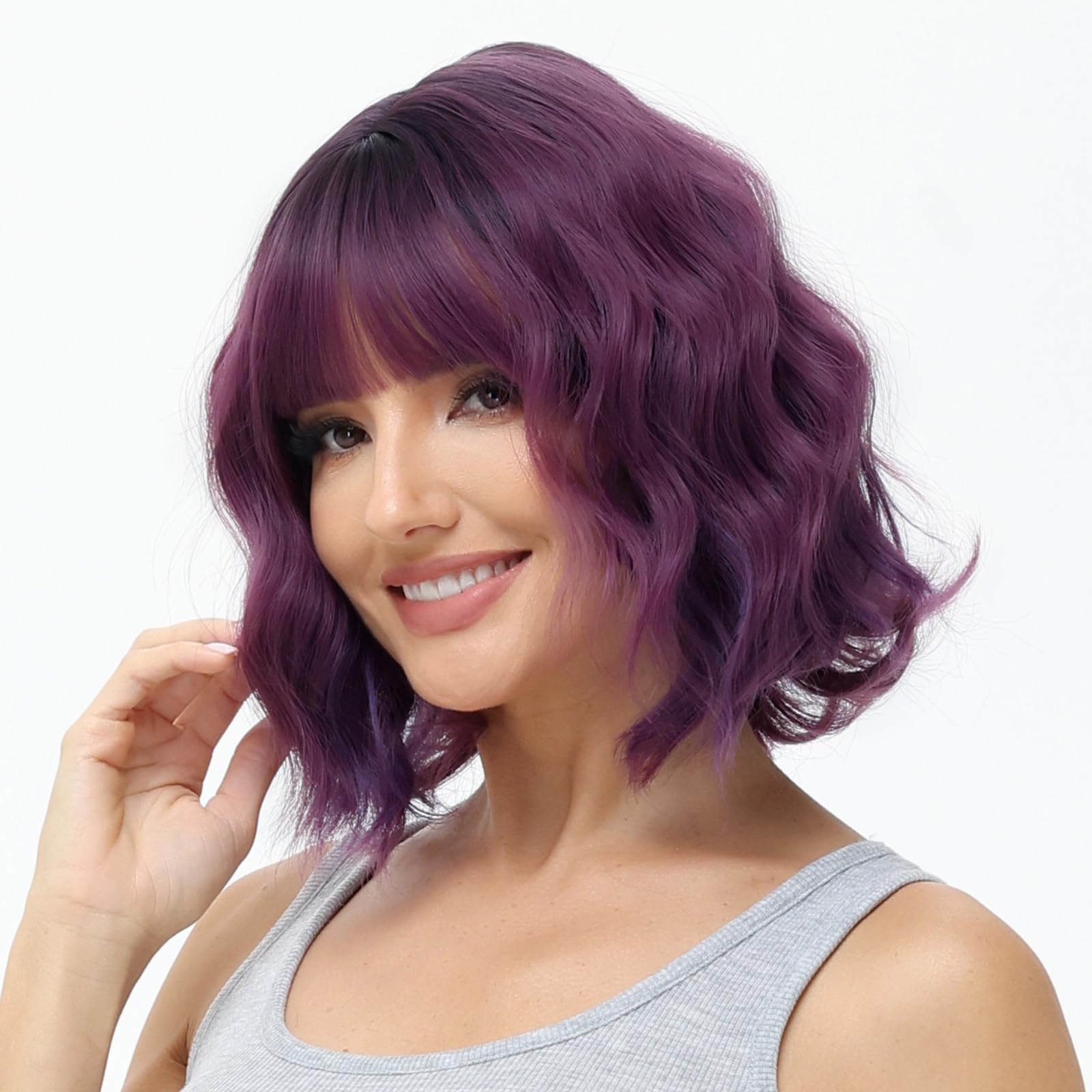 BUYOGET Wavy Bob Wig with Bangs Synthetic Hair Shoulder Length 12 Inch Short Curly Wigs for Women Ombre Purple — image 1