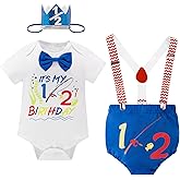 Baby Boys 1st Birthday Outfit Cake Smash Bowtie Romper + Shorts + Suspenders + Hat Clothes Set for Photo Shoot