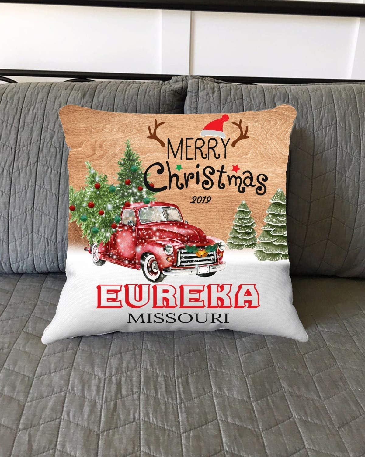 Merry Christmas Eureka Missouri MO State 2019 - Home Decorations for Living Room, Couch Sofa Home Throw Pillow Covers 18x18 Inches - Hometown for Family, Friend