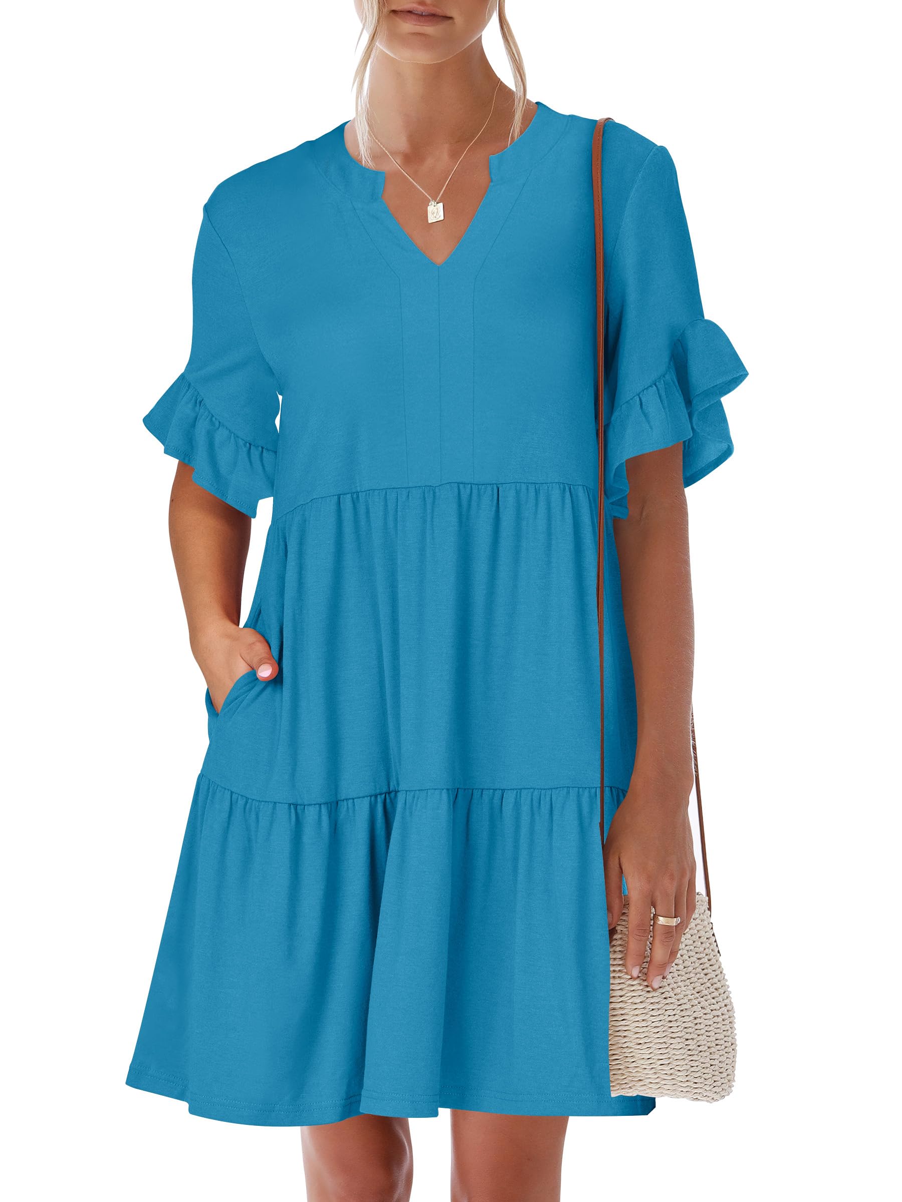 Photo 1 of ANRABESS Womens Summer 2025 Trendy Ruffle Short Sleeve V Neck A Line Tiered Flowy Loose Casual Mini Beach Dress with Pockets Lake Blue Large