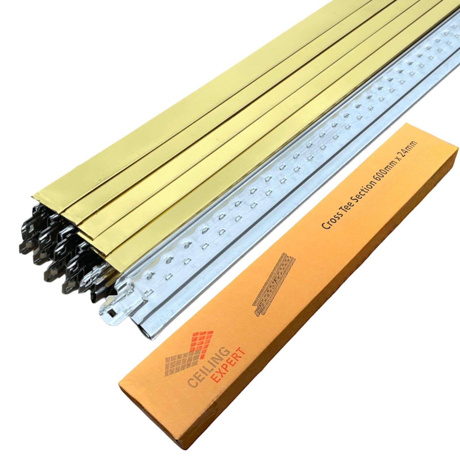 10x Suspended Ceiling Grid Component, Gold Cross Tee Section 600mm x 24mm T24 T600