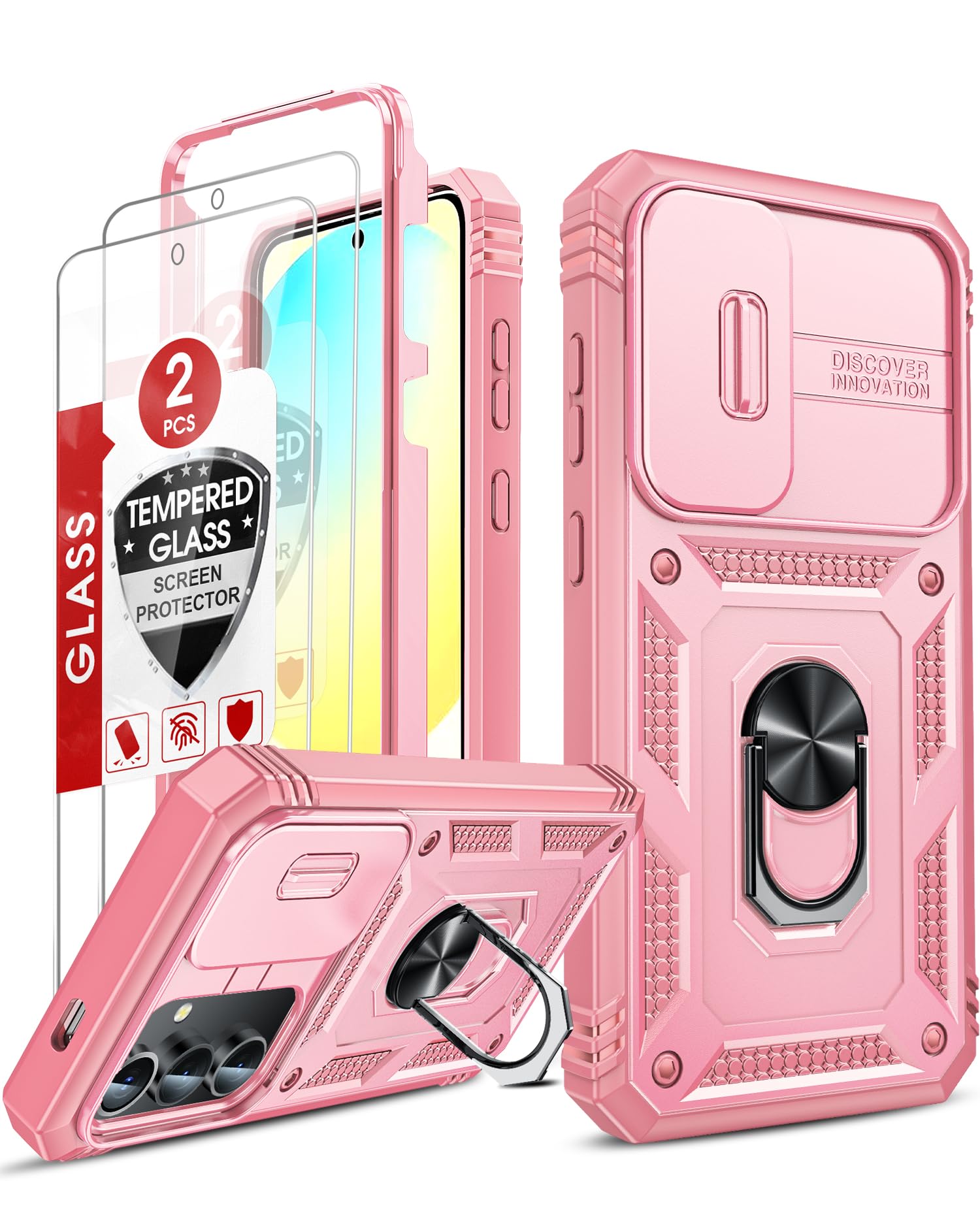Photo 1 of LeYi Compatible for Galaxy S24-FE Case: Samsung Galaxy S24 FE Case with Screen Protector X 2 Tempered Glass & Magnetic Stand, Women Girl Dual Layer Protective S24FE Phone Case para Cell S 24 FE, Pink
