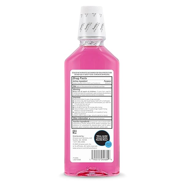 AMAZON BASICS KIDS MOUTHWASH WITH FLUORIDE, ANTICAVITY, ALCOHOL-FREE BUBBLE GUM FLAVOR, CAVITY PREVENTION, 18 FL OZ