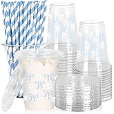 JarThenaAMCS 50Pcs Blue Bow Plastic Cups with Lids and Straws Blue Bow Daisy Clear Plastic Cups 12oz Disposable Cups for Birthday Wedding Party Supplies