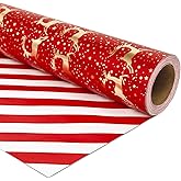LDGOOAEL Mini Short Small Wrapping Paper Roll - Reversible Design (17" X 120") - Red with Gold Foil Reindeer & Stripes