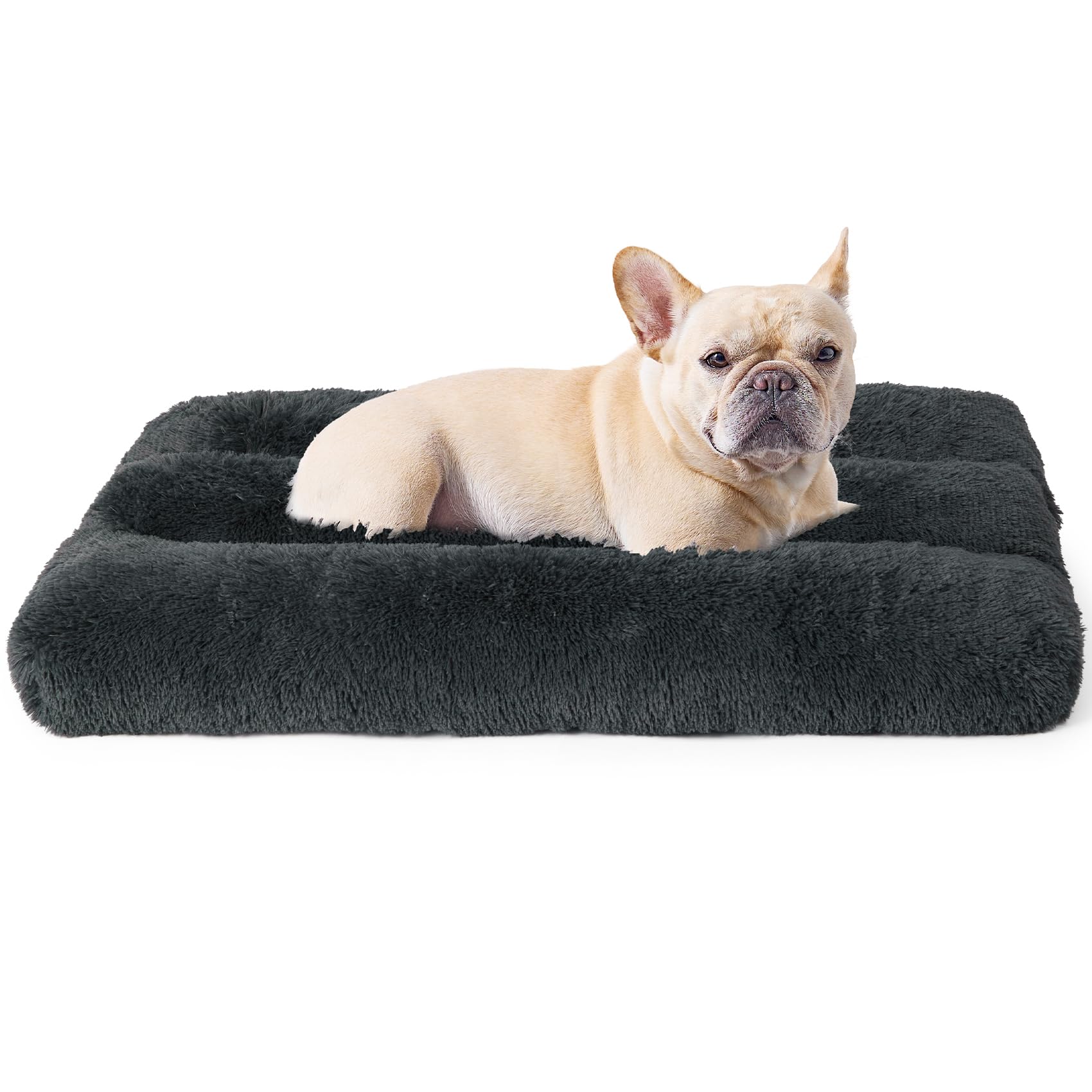 EHEYCIGA Fluffy Dog Crate Bed Medium, Calming Anti Anxiety Pet Bed Washable, Dog Mat Mattress for Crate with Anti-Slip Bottom, Dark Grey, 75x50x7.5cm