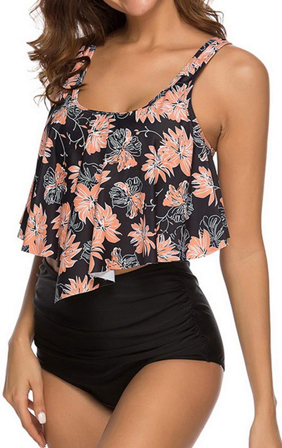 Women's Swimsuit Bikini Two Pieces Bathing Suits Ruffled Racerback Top with High Waisted Bottom Tankini Set