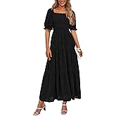 PRETTYGARDEN Women's 2026 Summer Casual Midi Dresses Square Neck Short Sleeve Smocked A Line Floral Flowy Elegant Boho Dress