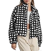 FOMOYUU Womens Fleece Jacket Plaid Long Sleeve Zip Up Cropped Coat Fall Winter Cute Stand Collar Fuzzy Fleece Jacket
