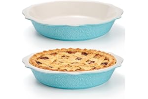 SOUJOY 2 Pack Ceramic Pie Pan for Baking, Deep Baking Dish, 10 Inch Non-Stick Fluted Pie Plate with Soft Wave Edge, Round Qui