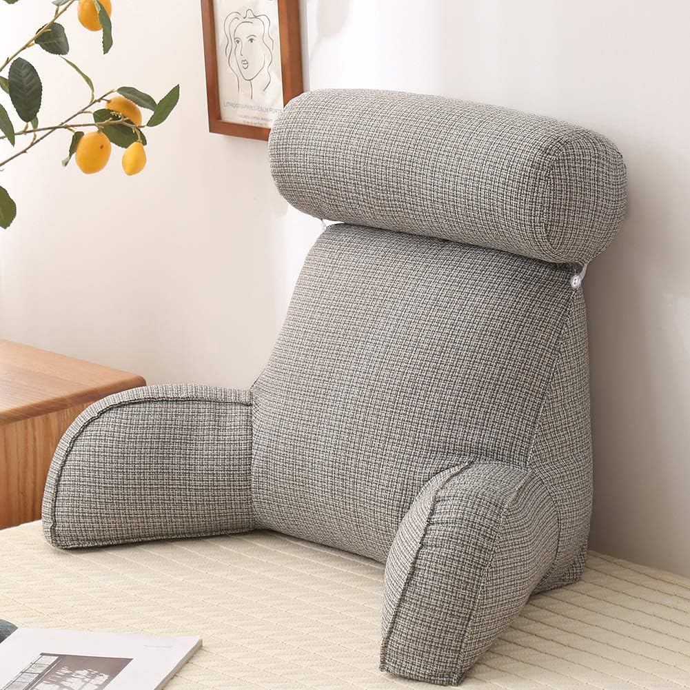 Backrest Pillows with Armsrests, Reading Lumbar Cushion Pillows with Detachable Neck Roll, Plush Backrest Reading Rest Pillow Bed Adult Backrest Lounge Cushion Back Support for Sitting in Bed (Grey)