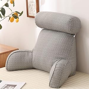Backrest Pillows with Armsrests, Reading Lumbar Cushion Pillows with Detachable Neck Roll, Plush Backrest Reading Rest Pillow Bed Adult Backrest Lounge Cushion Back Support for Sitting in Bed (Grey)