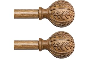 QDWIS 2 Pack Wood Curtain Rods for Windows 48 to 84 Inch, 1'' Adjustable Decorative Drapery Rods with Imitation Wood Grain Leaf Pattern Finials, Boho Heavy Duty Window Curtain Rods Set 36''-88''