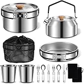 12pcs Outdoor Camping Cookware Kit, Lightweight Stainless Steel Kettle, Non-Stick Pot and pan, with Fork Spoon Kits Suitable for picnics and Backpacking Trips