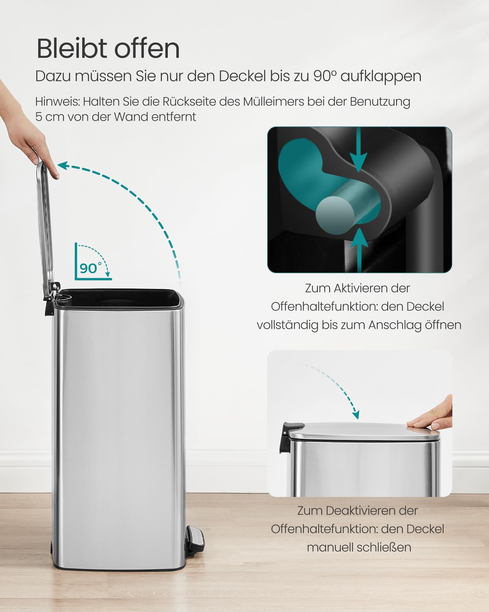 SONGMICS Mülleimer Küche, 30 Liter Abfalleimer, Tretmülleimer, Stahl, mit Inneneimer, Softclose, Offenhaltefunktion, metallicsilber LTB593E01 7