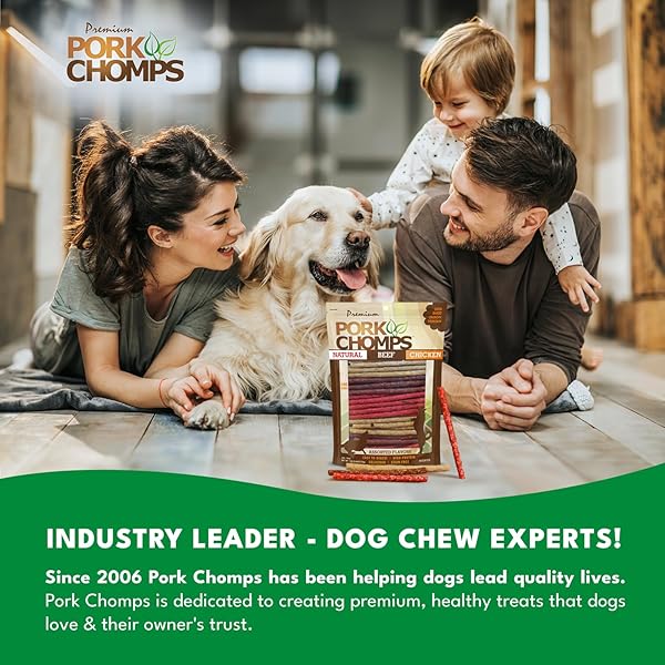 PORK CHOMPS DOG CHEWS, 5 INCH MUNCHY STICKS, 100 COUNT – ASSORTED FLAVORS: ROASTED PORK, CHICKEN, & BACON – LONG-LASTING TREATS FOR DOGS – HIGH PROTEIN, LOW FAT, HEALTHY & DELICIOUS CHEWS (1 PACK)