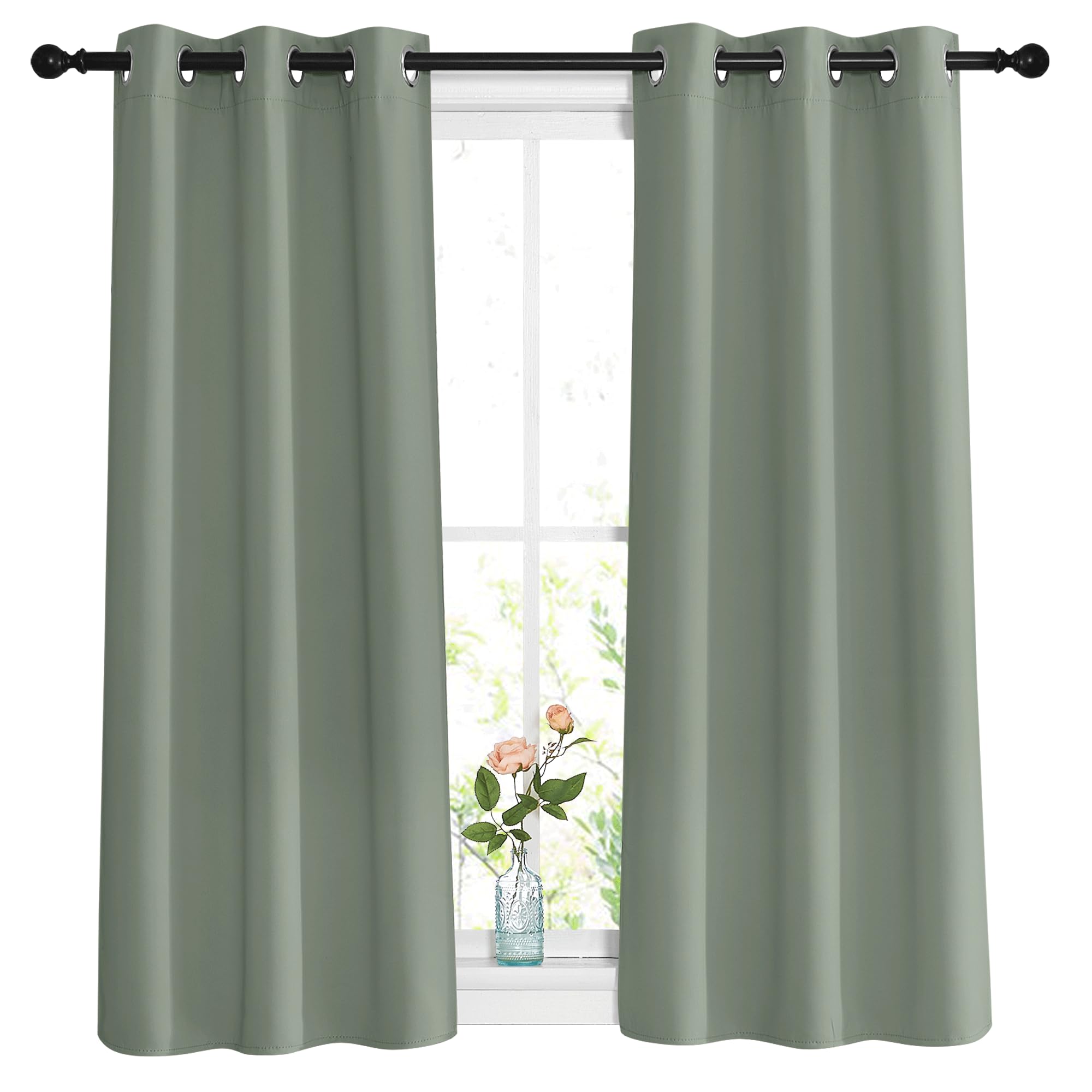 Photo 1 of NICETOWN Short Blackout Sage Green Curtains & Drapes for Bedroom - Energy Saving Thermal Insulated Solid Grommet Room Darkening Small Window Treatments for Kitchen/Cafe (2 Panels, W37 x L48)