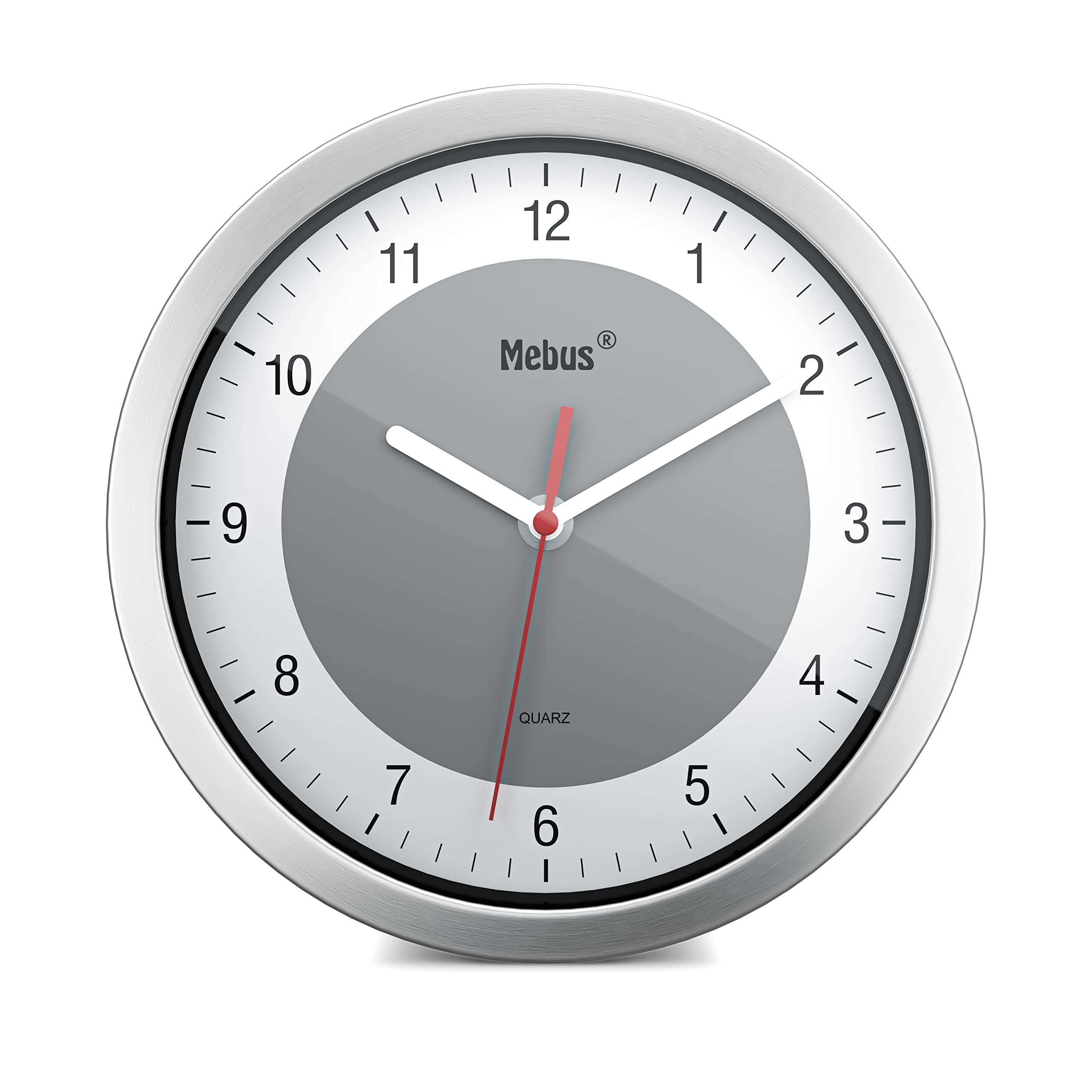 Mebus Quartz Wall Clock/Small Clock for Small Spaces/Silver Frame/White Dial/Grey Accent Circle/20cm Diameter/Round/Model: 16210/Color: Silver, White, Grey