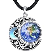 MILKYX Spinning Earth Moonstone Pendant Necklace 925 Sterling Silver vintage Crescent Moon Gemstone June Birthstone Jewelry for Women Men Earth Lover