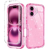I-HONVA for iPhone 16 Case Clear [Non Yellowing] Shockproof Dust/Drop Proof 3-Layer Protection [Without Screen Protector] Rugged Heavy Duty Cover for Apple iPhone 16 6.1",Clear Pink Glitter
