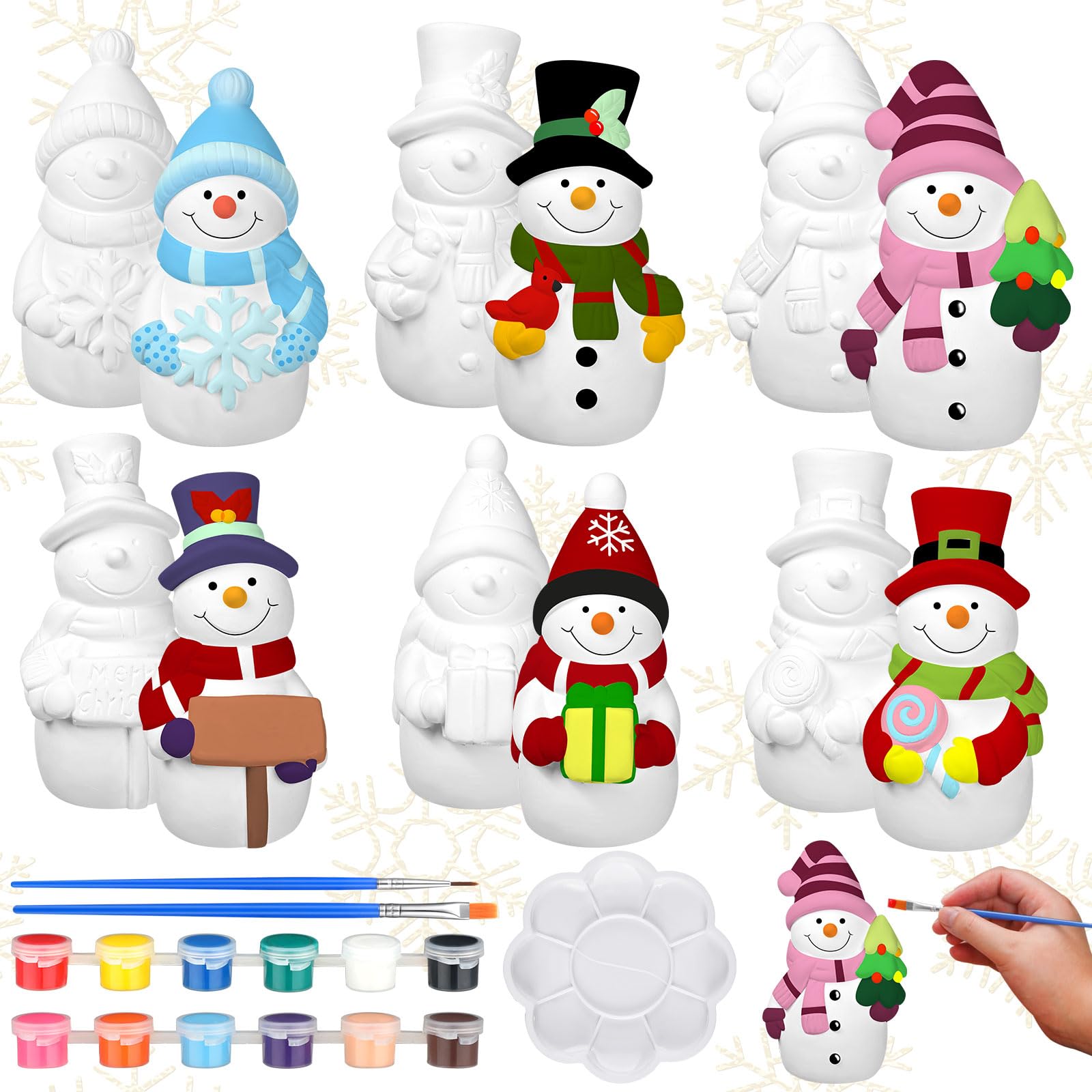Photo 1 of Eersida 6 Sets Winter Ceramics to Paint Ready to Your Own Ceramic Snowman Statues DIY Unpainted Paintable Winter Figurines Kit Crafts with Brush Palette for Christmas DIY