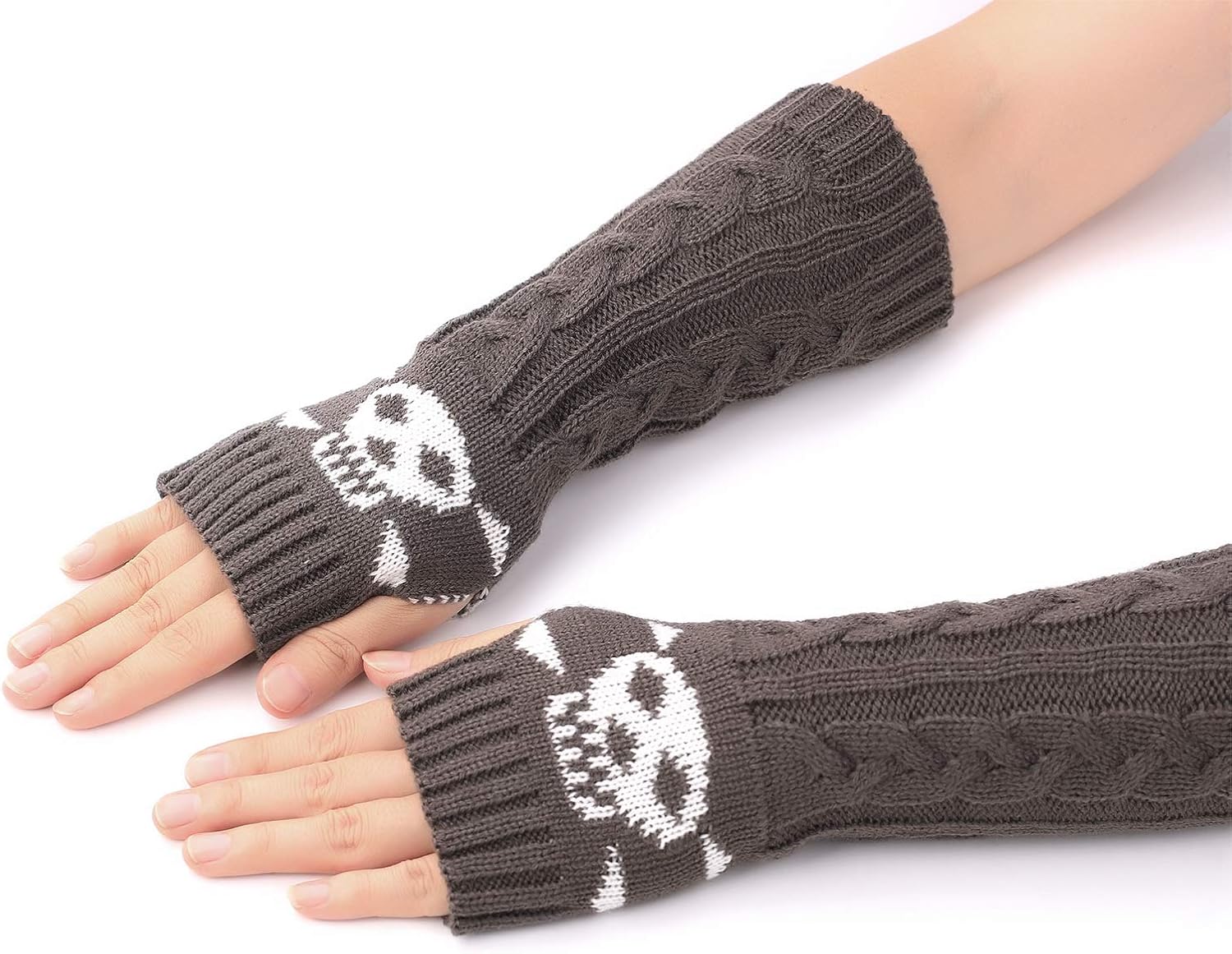 Flammi Women’s Cable Knit Fingerless Gloves Arm Warmers with Crossbones Jacquard Skull Thumbhole Mittens (Dark Grey) at  Women’s Clothing store