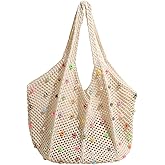 Boho Crochet Beach Tote Shoulder Bag with Colored Beads | Colorful Aesthetic Hippie Knit Bag for Women