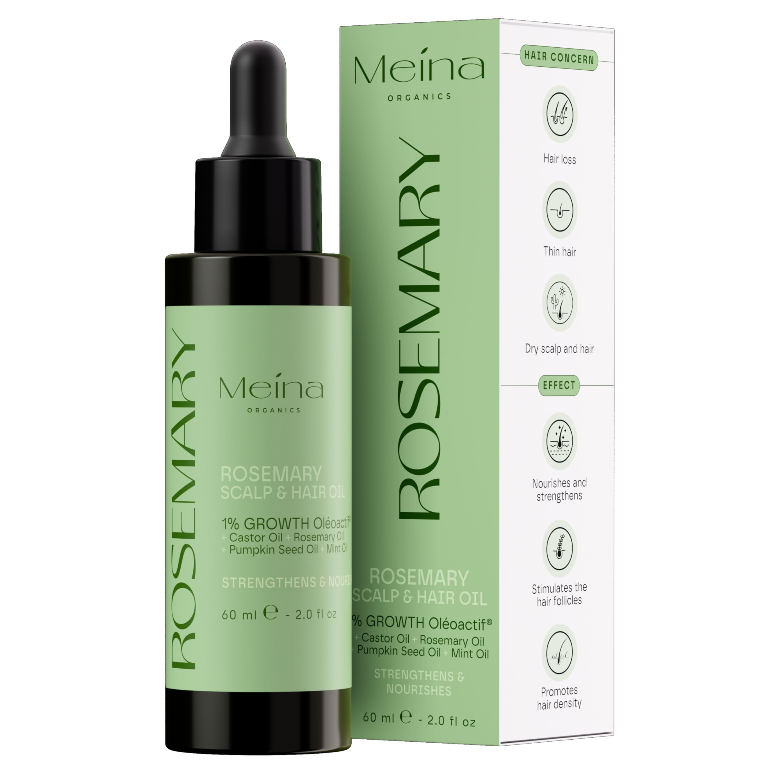 Meina Rosemary Oil for Hair Growth with Castor, Mint, Argan and Pumpkin Oils, Natural Scalp Treatment against Hair Loss, Stimulates Hair Follicles, All Hair Types, For Men and Women, 60ml