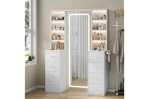 Sevenvanity Vanity Desk with Full Length Mirror, Makeup Vanity with LED Lights & Power Outlets, 8 Drawers and 8 Shelves, 3 Co