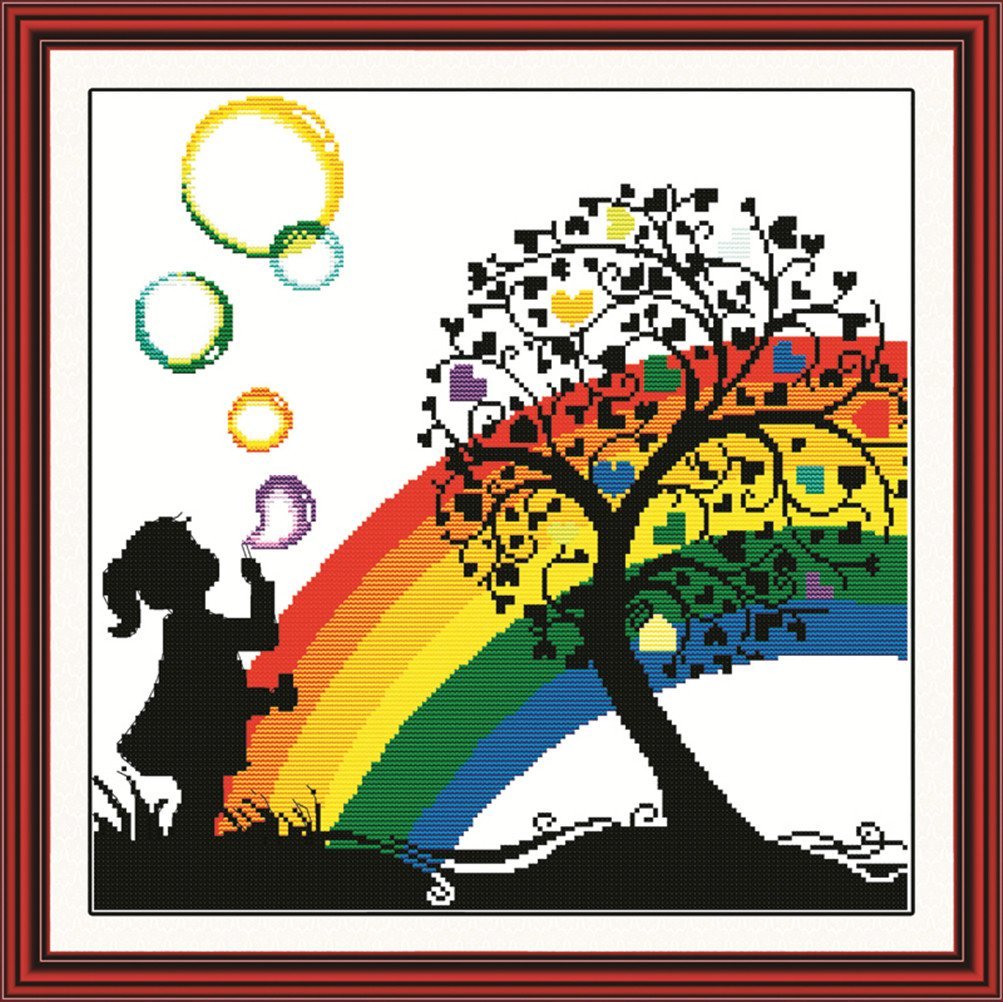 YEESAM ART Unstamped Cross Stitch Kits for Adults, Rainbow Bubble Girl 14ct Counted Unprinted Embroidery Kit Needlework Wall Art Decor