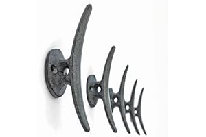 AMBIPOLAR 5 Pack Decorative Cast Iron Heavy Duty Double Hooks, Wall Mounted Coat Hooks, Vintage Inspired (Antique Black) (Mooring Type)